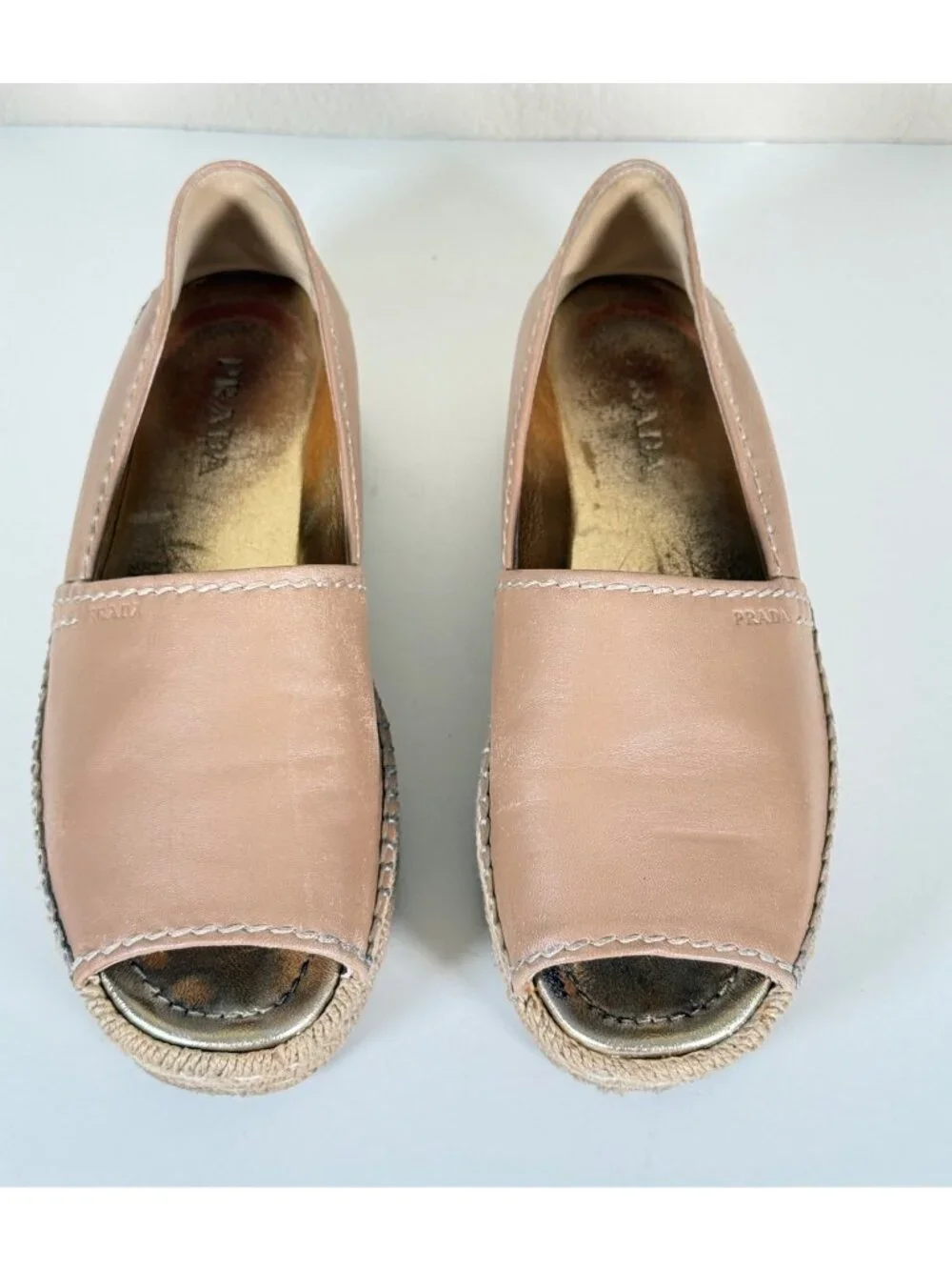 PRADA Women's Napa Leather Peep Toe Platform Espadrilles Naturale Tan - Picture 2 of 13